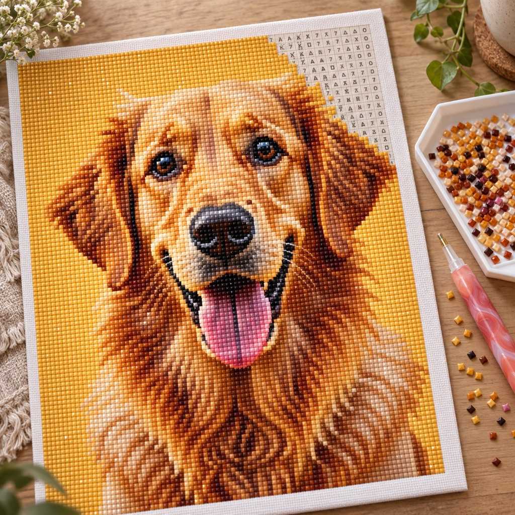 Finished diamond painting of a golden retriever made from a photo