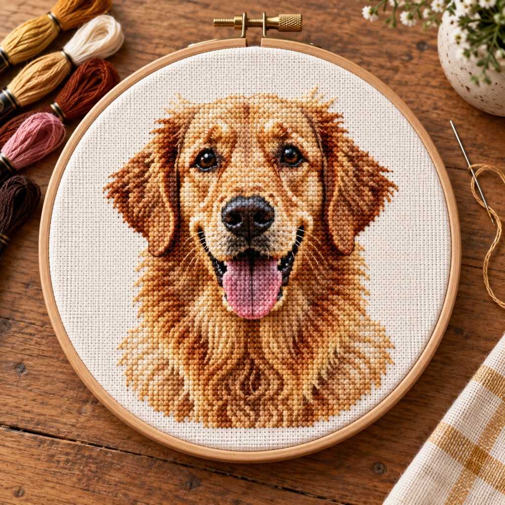 Hand embroidery of a golden retriever in a hoop, made from an ArtPatt pattern