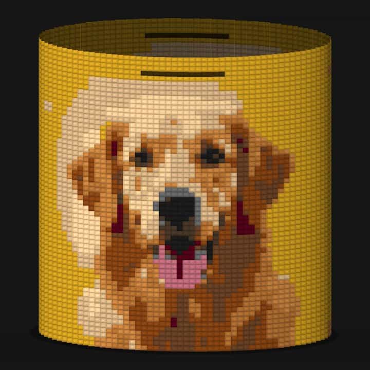 3D preview of a tapestry crochet tote bag with a golden retriever, made from the photo