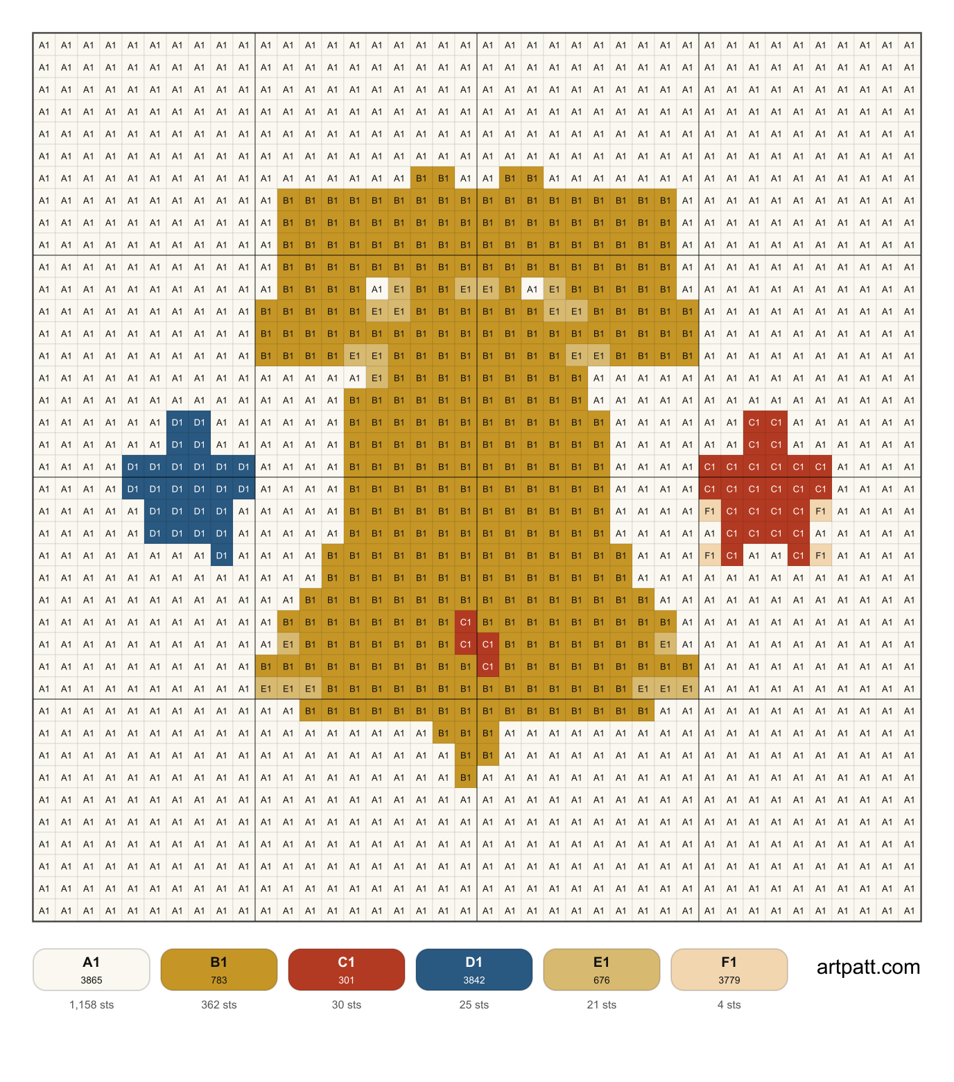 Free 40 by 40 Liberty Bell and stars cross-stitch chart with DMC color codes