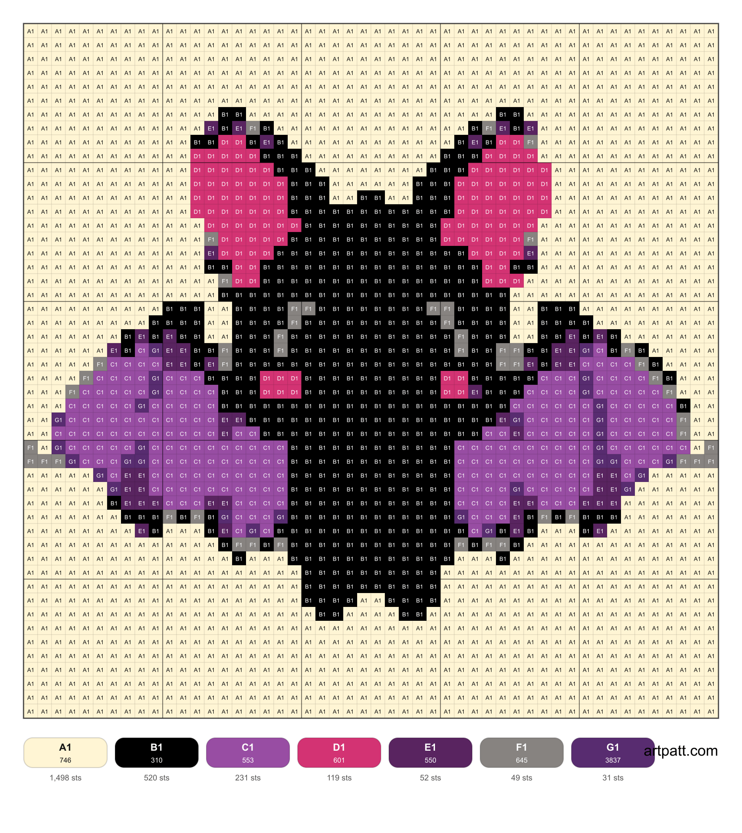 Free cute purple bat cross-stitch pattern with DMC colors
