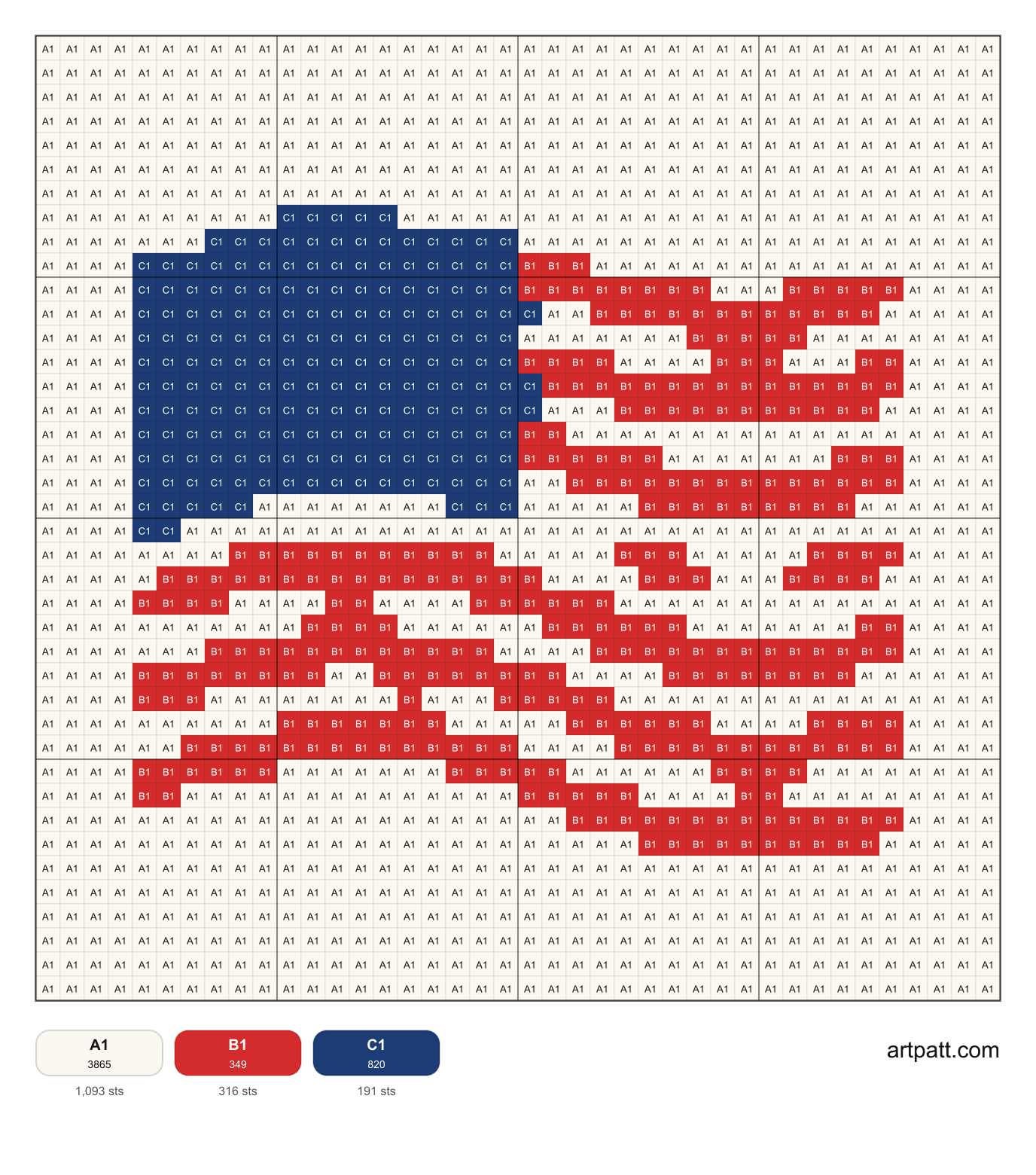 Free 40 by 40 American flag cross-stitch chart with DMC color codes
