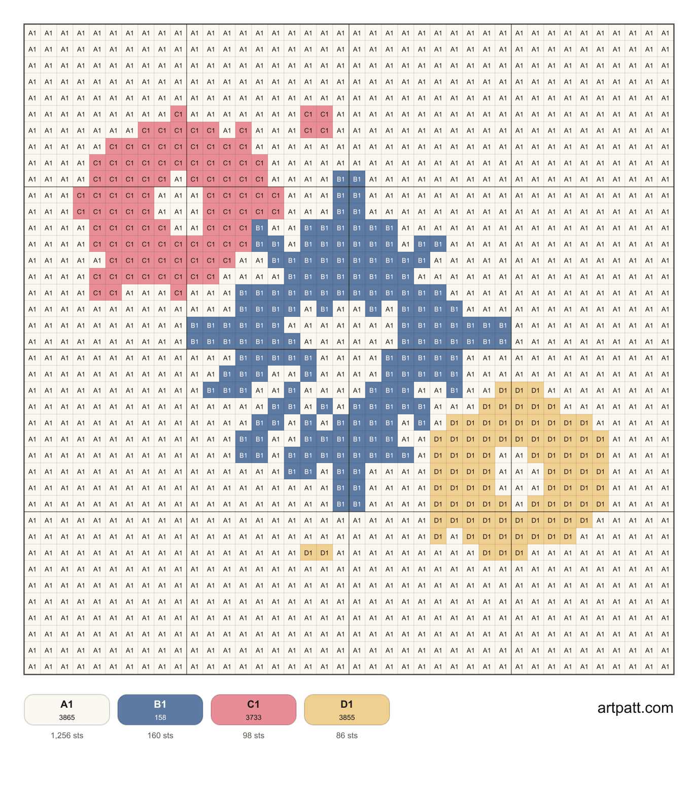 Free 40 by 40 patriotic fireworks cross-stitch chart with DMC color codes