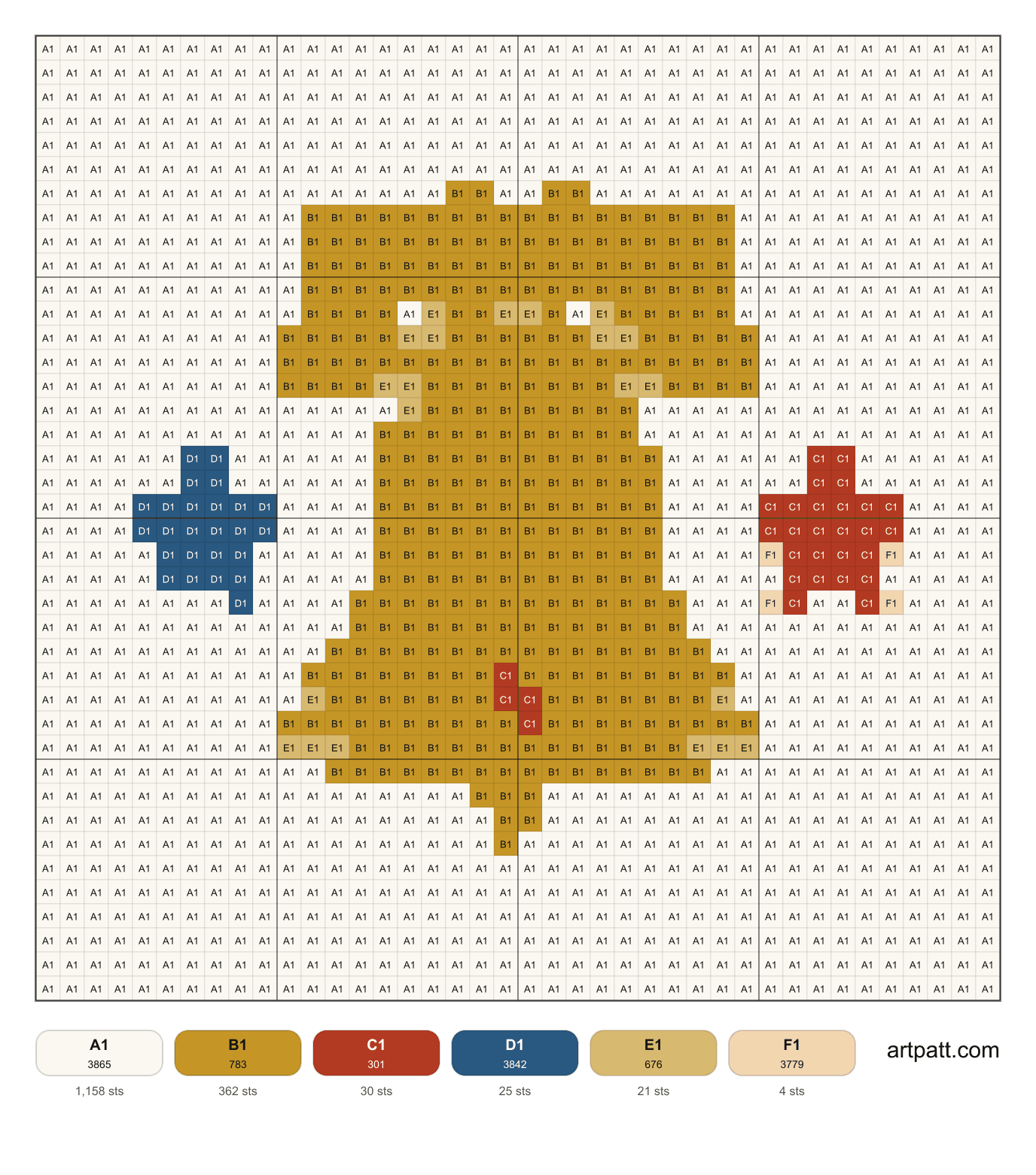 Free 40 by 40 Liberty Bell and stars cross-stitch chart with DMC color codes