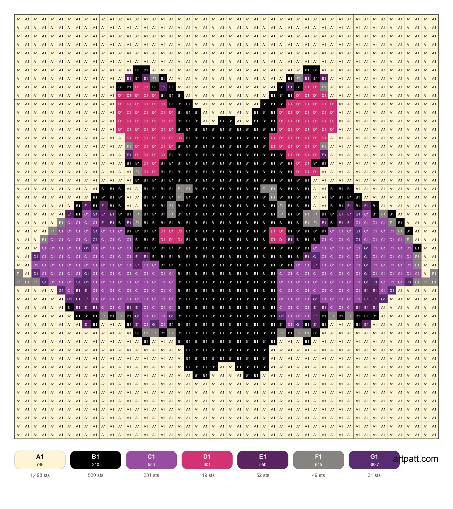 Free cute purple bat cross-stitch pattern with DMC colors