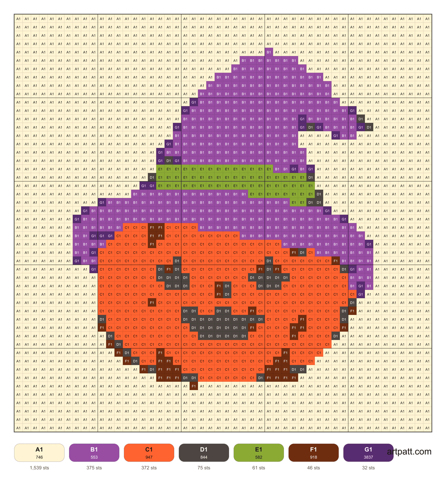 Free kawaii pumpkin witch cross-stitch pattern with a 50 by 50 grid