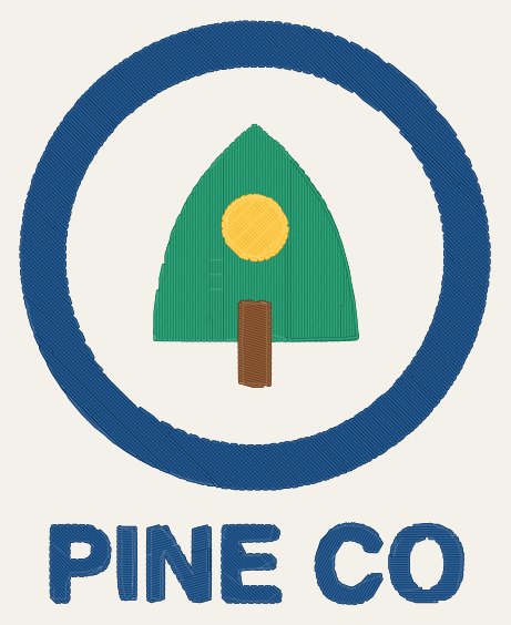 Stitch preview of a round logo with a tree and lettering, digitized to a PES file